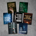 A set of seven dark-themed quote art prints arranged in a fan-like layout on a textured gray concrete background. The prints feature various moody, fantasy-inspired quotes with illustrations including a hand, a sword, a wolf, and a Scottish warrior.