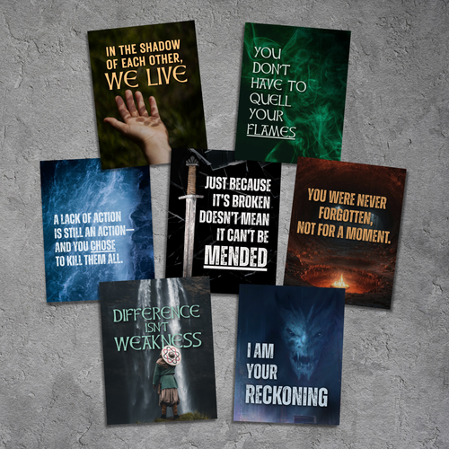 A set of seven dark-themed quote art prints arranged in a fan-like layout on a textured gray concrete background. The prints feature various moody, fantasy-inspired quotes with illustrations including a hand, a sword, a wolf, and a Scottish warrior.