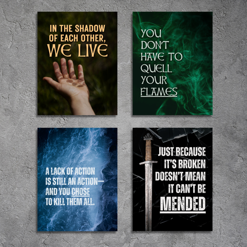 Four of the seven stickers in the Bear of the North Sticker Pack. Featuring the following quotes: "in the shadow of each other, we live", "you don't have to quell your flames", a lack of action is still an action—and you chose to kill them all", and "just because it's broken doesnt mean it can't be mended."