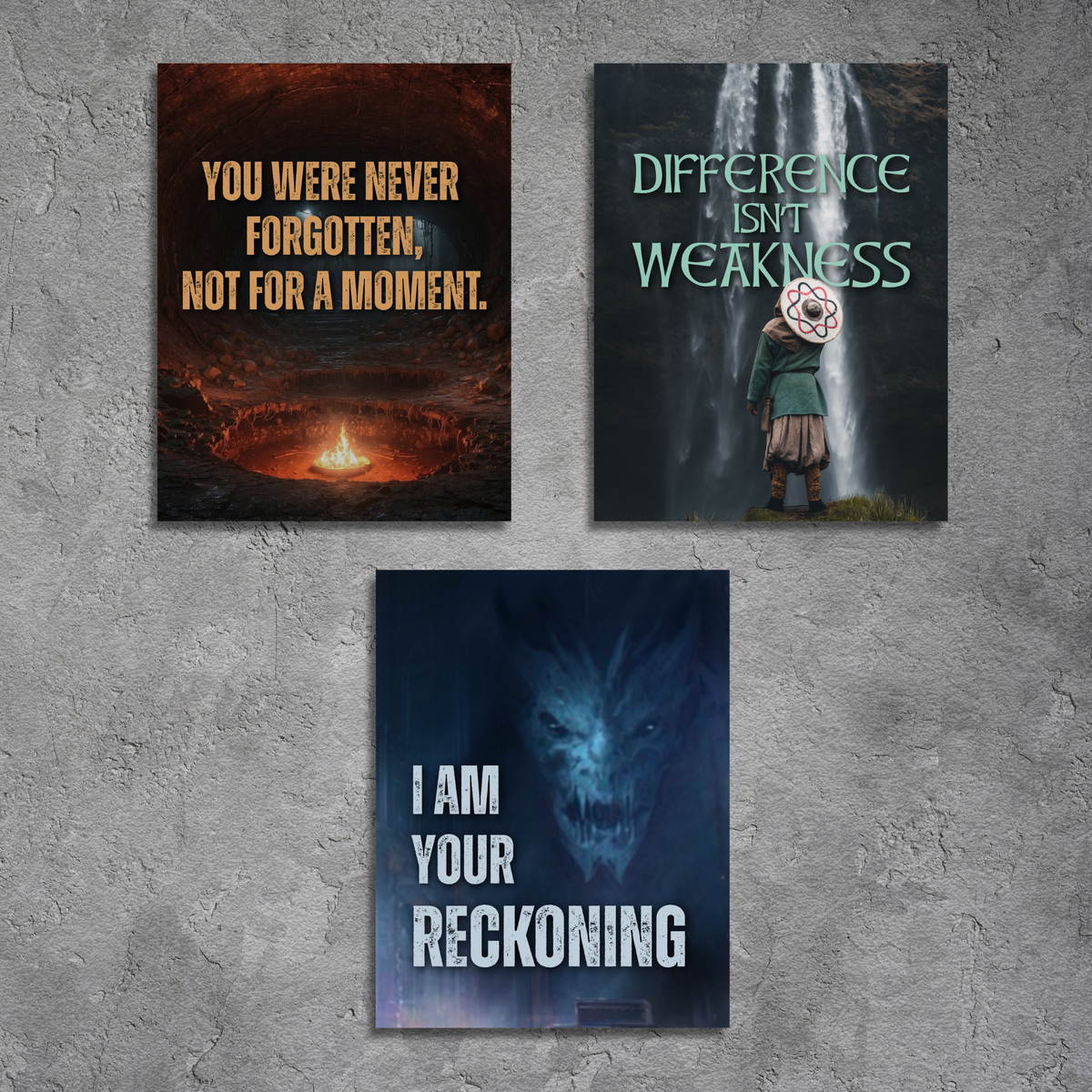 Three of the seven stickers in the Bear of the North Sticker Pack. Featuring the following quotes: "you were never forgotten, not for a moment", "difference isn't weakness", and "I am your reckoning."