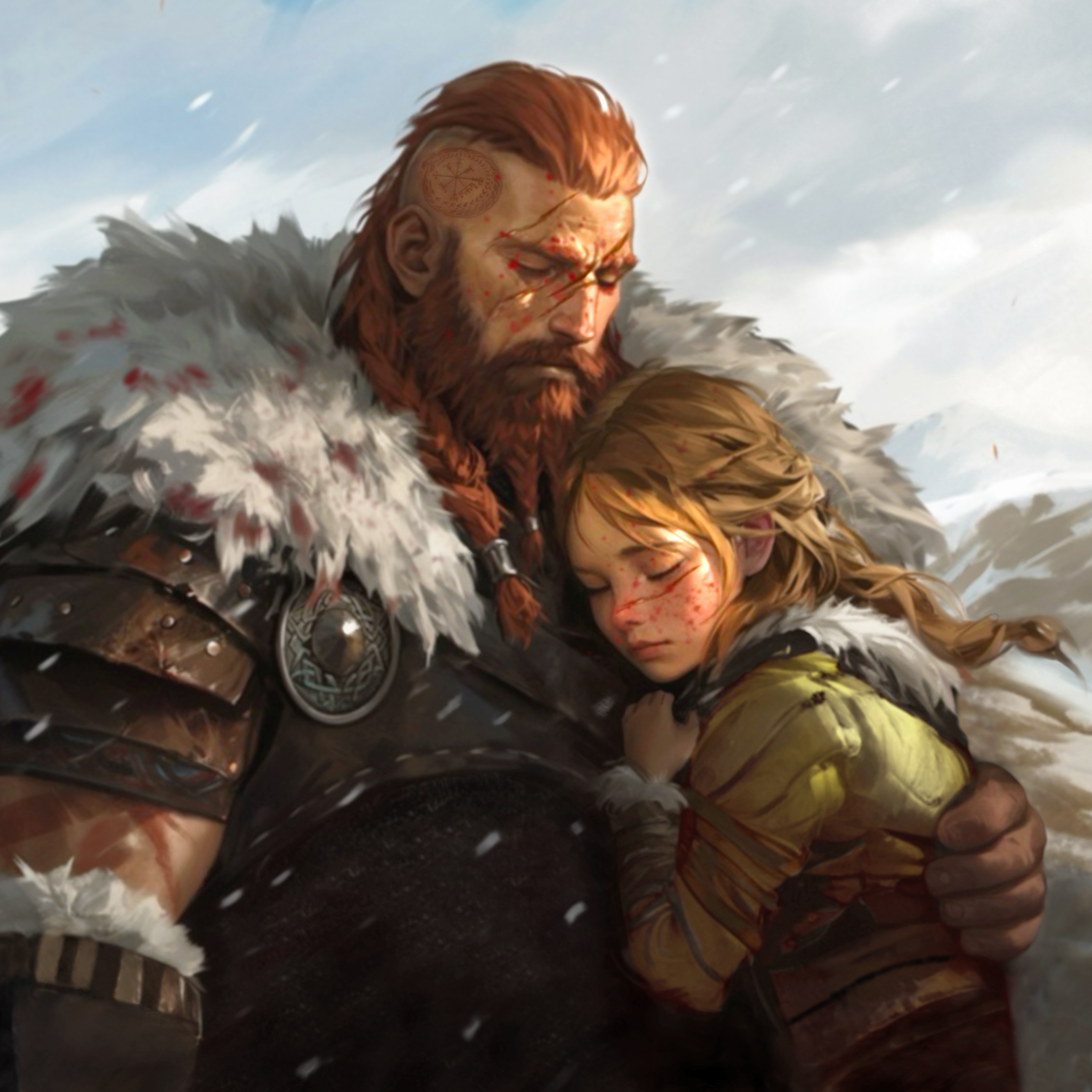 Two characters in winter clothing embracing in a snowy landscape