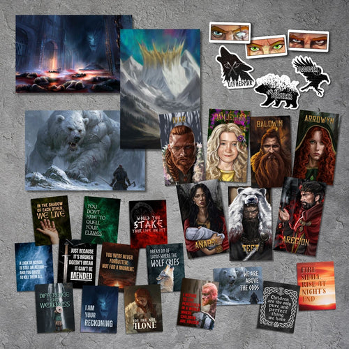 A collage of various printed merchandise featuring characters and scenes from The Lord of the Rings: The Rings of Power, arranged on a textured gray background. The items include art prints, stickers, and character art.