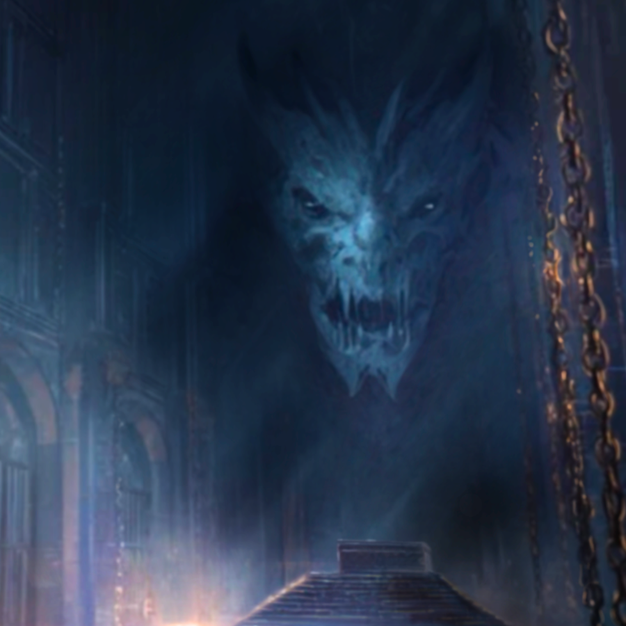 Black dragon in an eerie, dark chamber