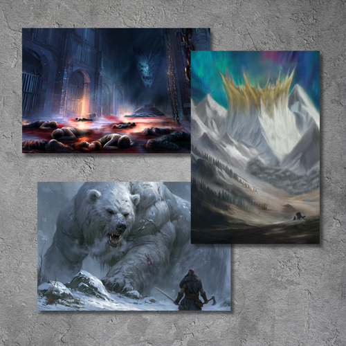Three fantasy art prints displayed on a textured gray background. The prints depict a dark dungeon with a black dragon, a snowy mountain landscape with aurora-like light, and a dragon-sized white bear facing a small warrior in a snowy scene.
