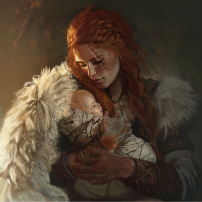 Woman wearing a wolf fur cradling a baby  in a dark, warm-toned setting