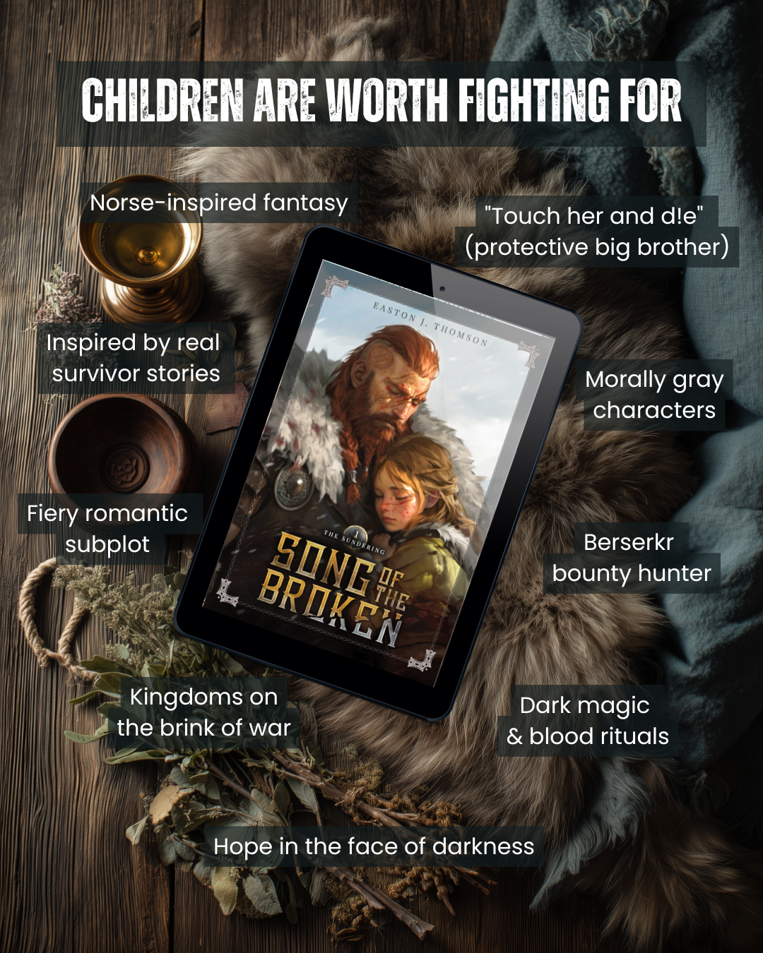 Flatlay graphic of SOTB in kindle format surrounded by its tropes